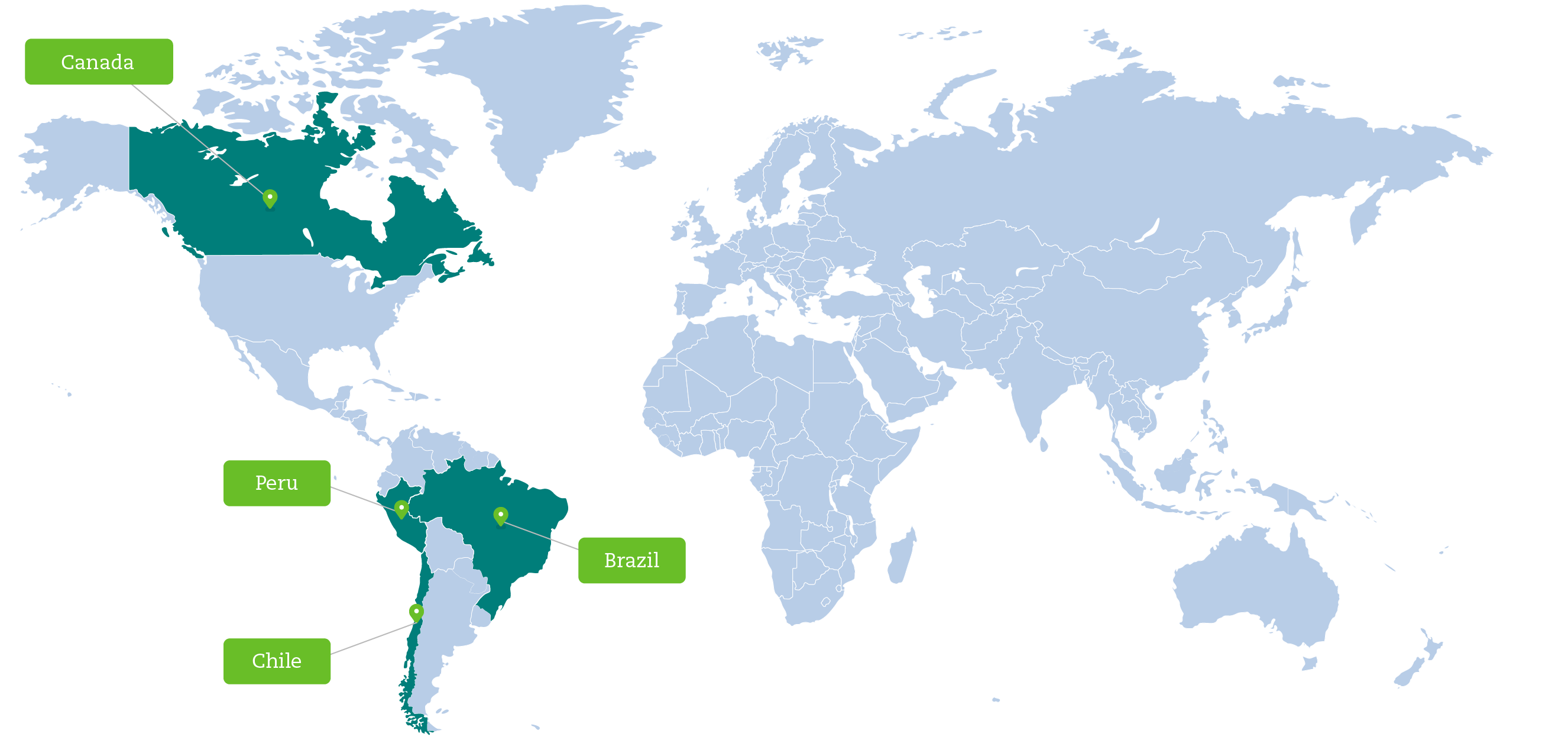 World map with marking of the countries Canada, Peru, Chile and Brazil.