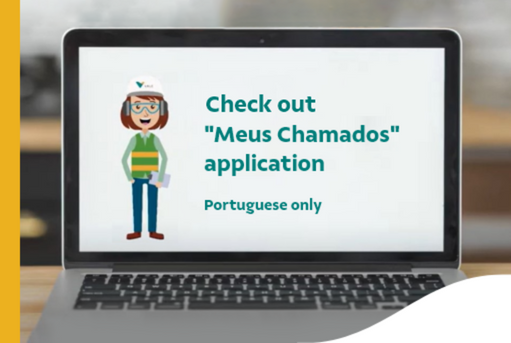 Image of a computer with an illustration of a woman in it and the phrase “Check out “Meus chamados” application. Portuguese only”