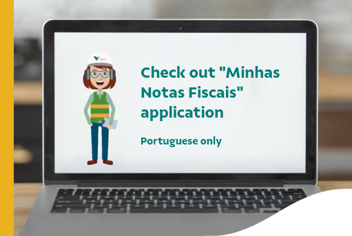 Image of a computer with an illustration of a woman in it and the phrase “Check out “Minhas notas fiscais” application. Portuguese only”