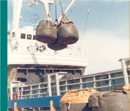 Big ship with hanging loads.