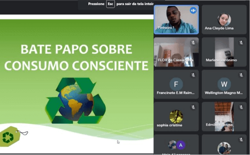 Print de uma reunião online com o tema “Bate papo sobre consumo consciente”