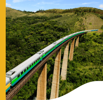 Photo of a Vale train with the colors gray, green and yellow, passing over a bridge and green vegetation underneath.