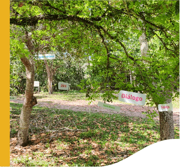 Trees with hanging notes. It is possible to see messages like 'dialogue'; “affection”, “companionship”.