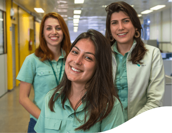 Três mulheres estão sorrindo em um escritórios. As três tem os cabelos lisos e usam uma camisa verde clara.