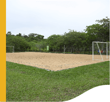 Campo de futebol de areia. Em volta do local há um gramado e, ao fundo, árvores.