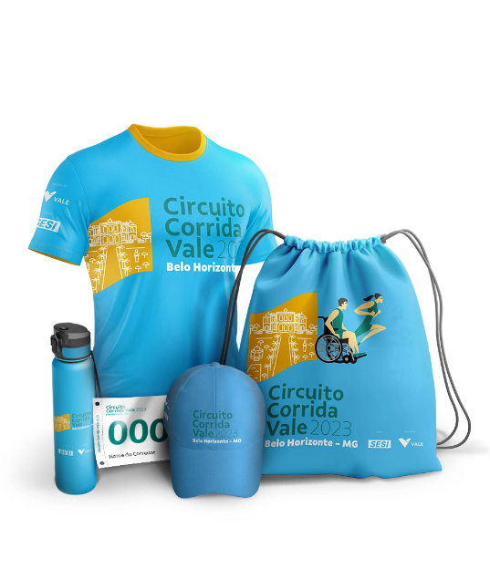 Kit do corredor, contendo camiseta, boné, sacola e garrafa de água. O kit tem ilustrações que remetem ao local da corrida