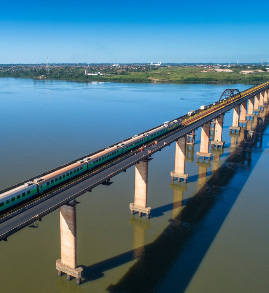 Vale train seen from the front, while traveling with the lights on. The surrounding environment is composed of vegetation.