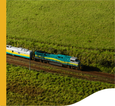 Trem Vale seguindo nos trilhos da ferrovia. Ao redor há uma vasta vegetação rasteira.