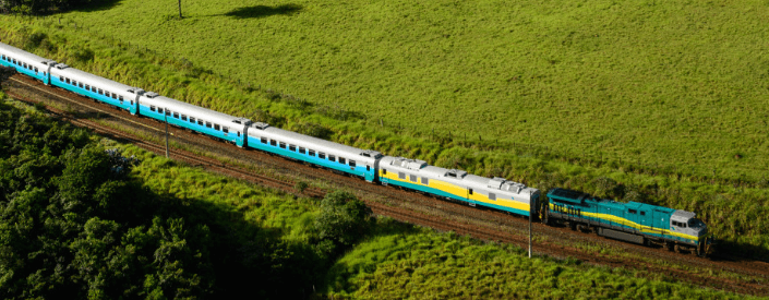 Trem Vale seguindo nos trilhos da ferrovia. Ao redor há uma vasta vegetação rasteira.