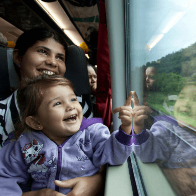 there is a woman with a child on her lap, they are on a train and are smiling as they look out the window.