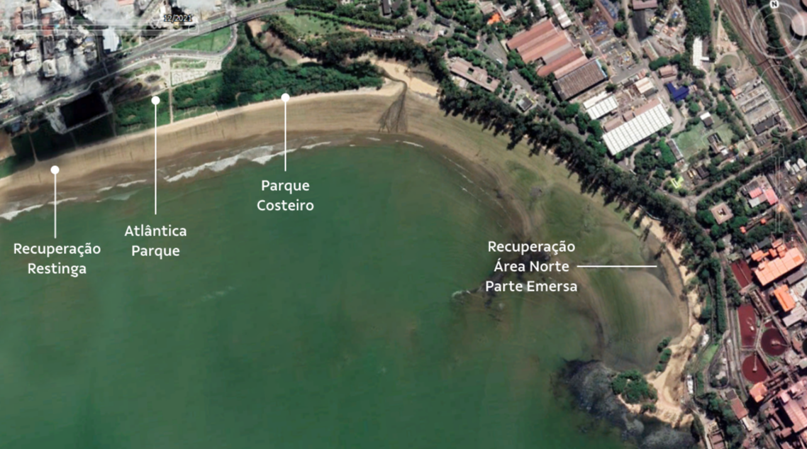 Imagem de satélite da região da praia de Camburi. Em primeiro plano o mar e ao fundo a cidade. Há indicação de onde estão localizadas às ações da Vale.