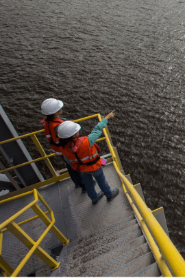 Photo of two women in a metal structure looking at the sea, one of them is pointing to a place in the sea. They are wearing jeans, boots, green Vale shirts, orange vests with fluorescent details, tied hair and helmets.