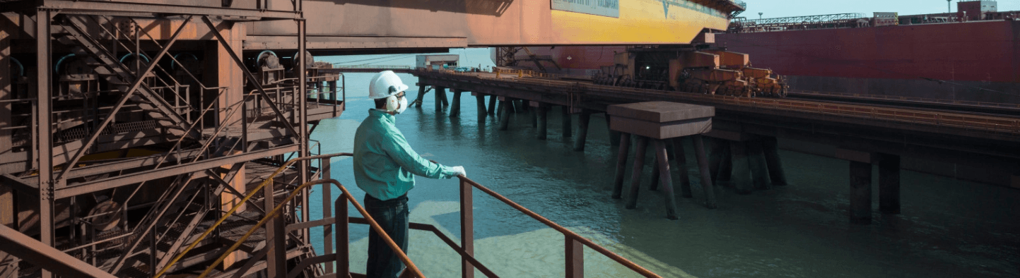 Photo of a man in an operation area near the sea with several large structures and a ship. He is leaning against iron grid watching the ship and is wearing Vale uniform, green button-down shirt, gloves, dark green pants, ear muffs, a mask and a helmet.