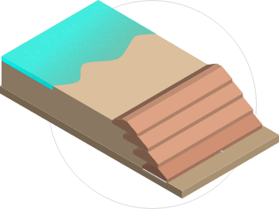 Ilustração do Método “linha de centro” com uma estrutura como se fosse um quadrado no alto marrom claro, em uma das pontas tem um azul representando a água e na outra ponta tem como se fosse uma ladeira para baixo na cor marrom.