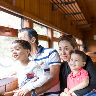 there is a family, consisting of a man, a woman and two small boys, each on an adult's lap. They all look out the window of a train.