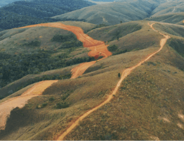 Photo of a dam with a earthen path and surrounding vegetation.