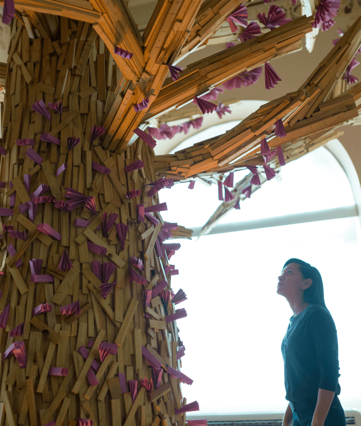 Uma mulher olha para uma escultura que se assemelha com uma árvore. A escultura é feita de pedaços de madeiras e origamis lílas.