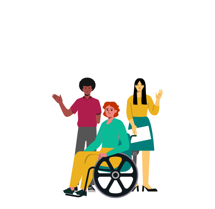 Ilustração de pessoas com deficiência. Um homem está acenando e não possui um dos braços. Ao centro há uma mulher em uma cadeira de rodas e do outro lado uma mulher com uma prótese na perna.