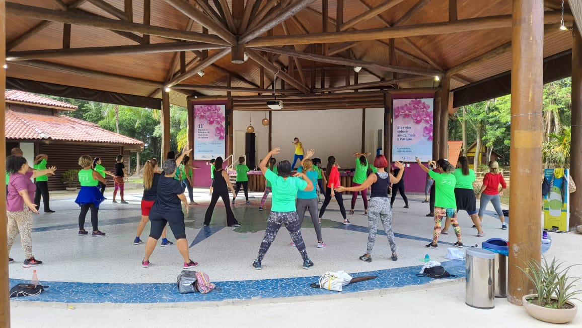 Foto de pessoas em um pátio coberto com estruturas de madeira, um palco e dois cartazes. Uma pessoa em cima do palco e outras pessoas abaixo olhando e fazendo exercícios.