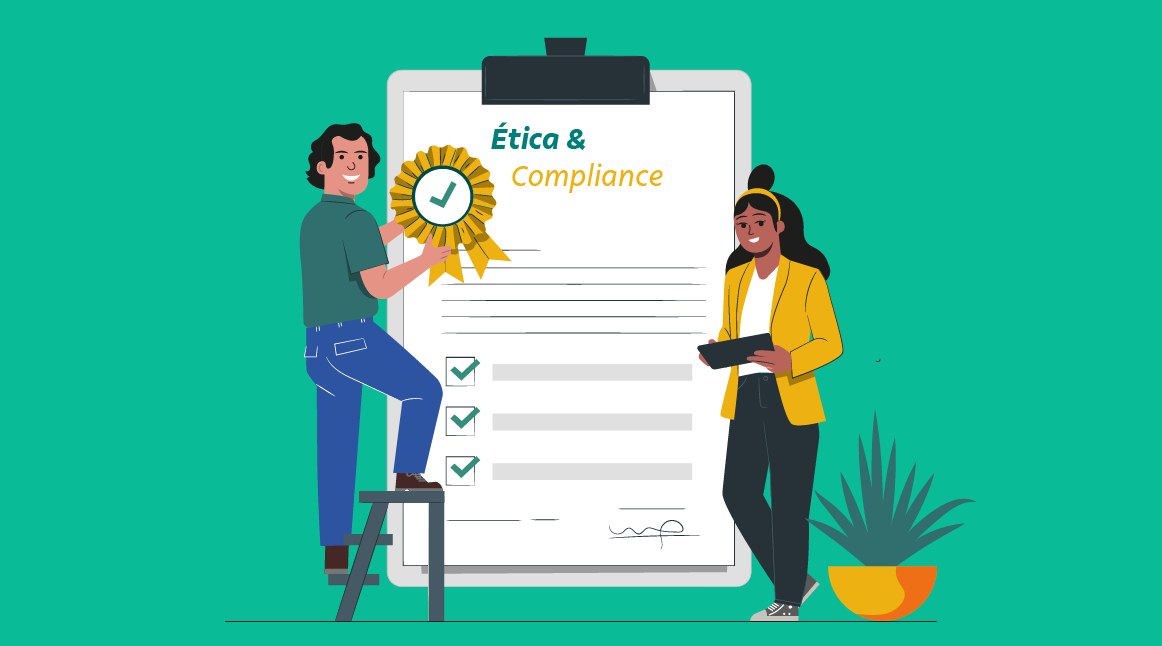 Pasta de ética e compliance e dois empregados vale centralizados em fundo verde água