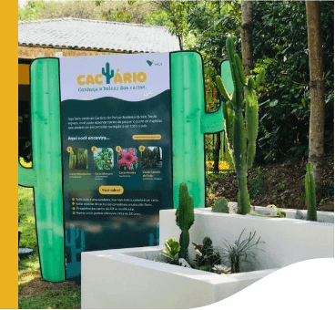 A board signs the entry of a cactus nursery. To the side, there is a white concrete structure with some cacti, and in the background, several trees.