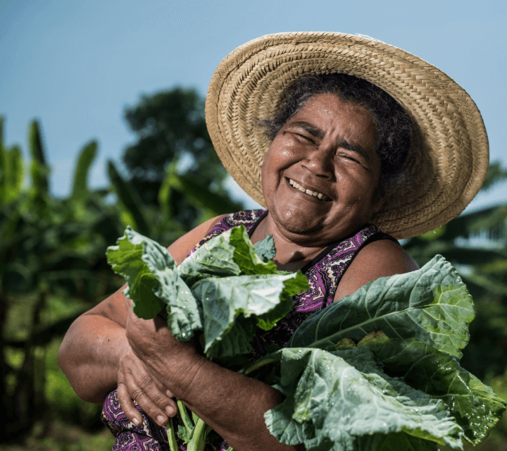 A lady holds vegetables in her arms. She is smiling and wearing a straw hat.