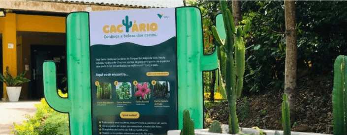 A board signs the entry of a cactus nursery. To the side, there is a white concrete structure with some cacti, and in the background, several trees.