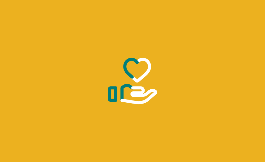 Fundo amarelo com ícone branco e verde de uma mão em concha e um coração vazado em cima dela, representando a categoria de reparação.