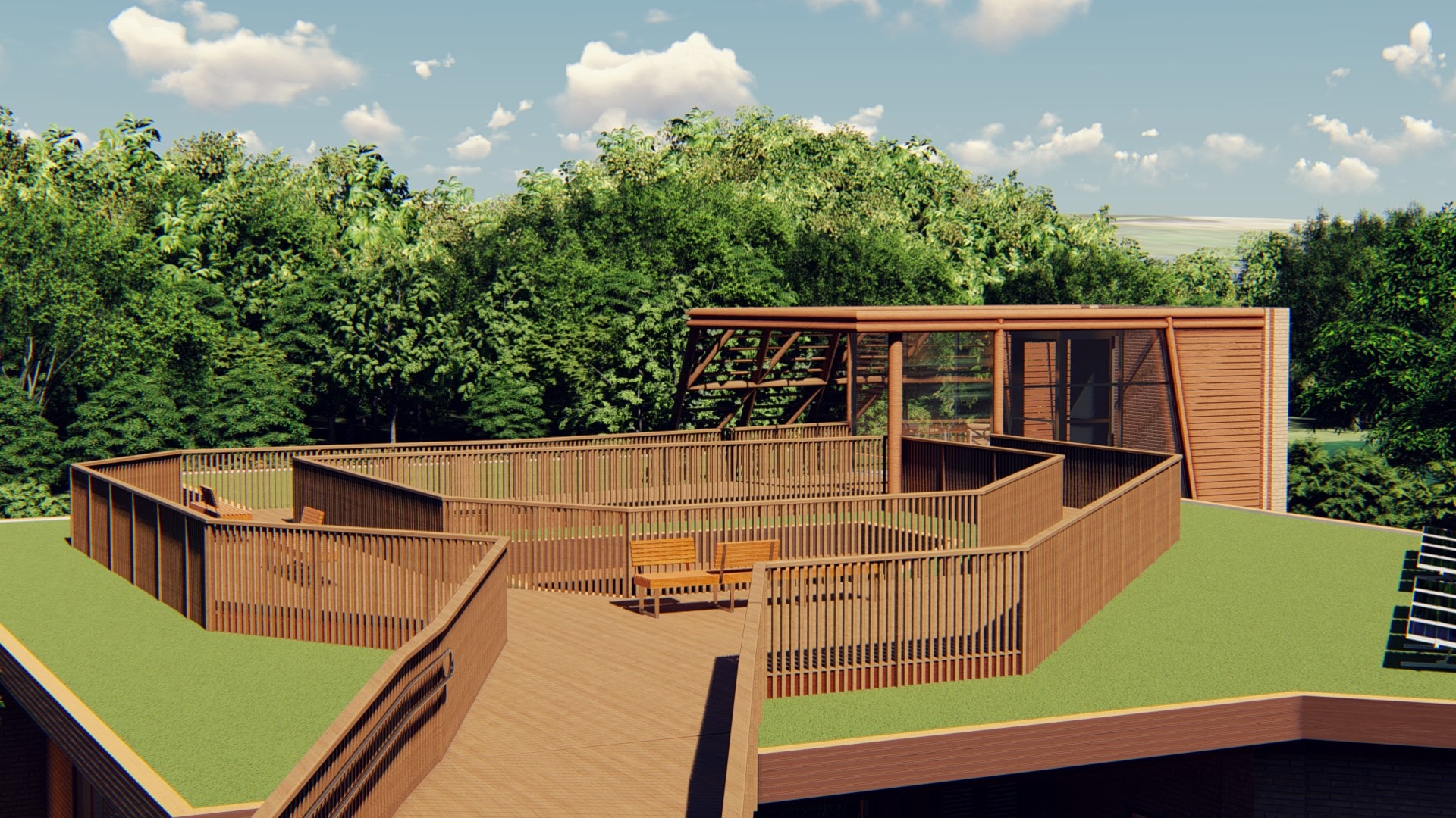 Projeção 3D da cobertura do parque. A área é cercada por  grades de madeira e possui bancos e gramado.