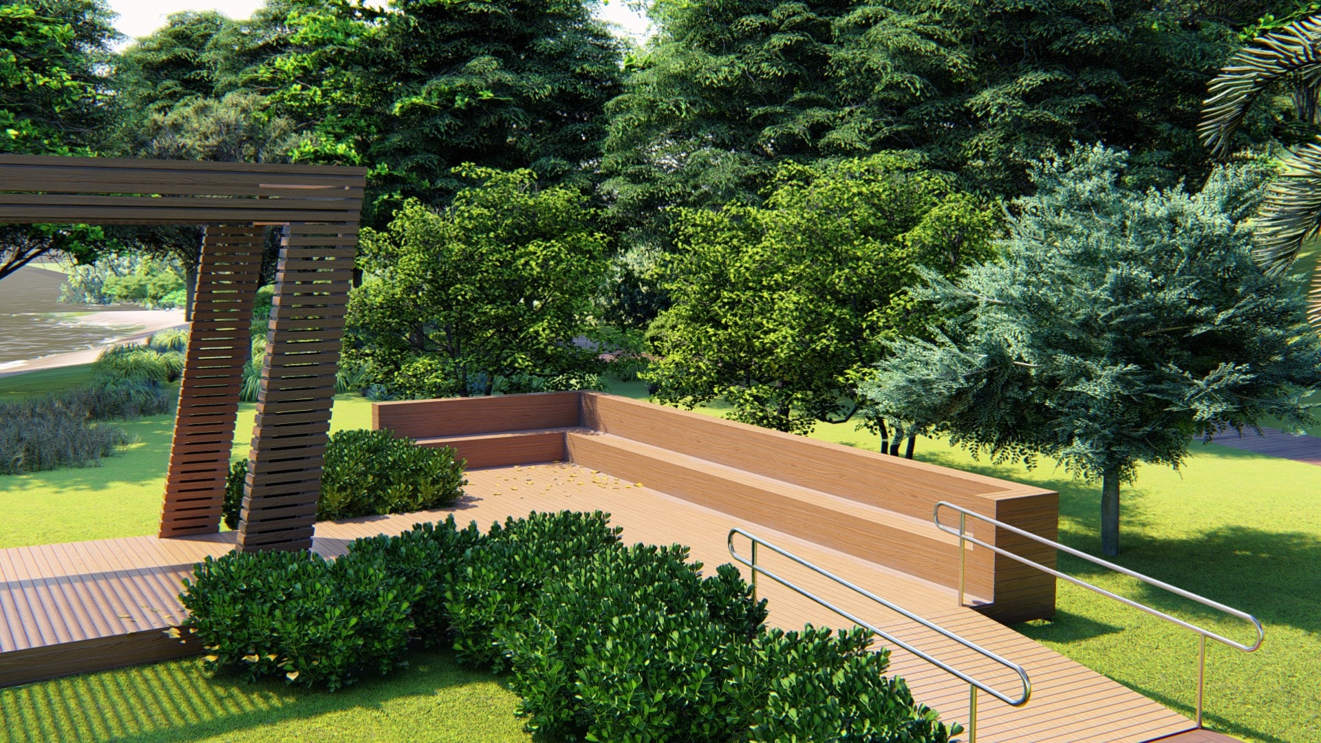 Projeção 3D do mirante do parque. Há área possui rampa, gramado e bancos.