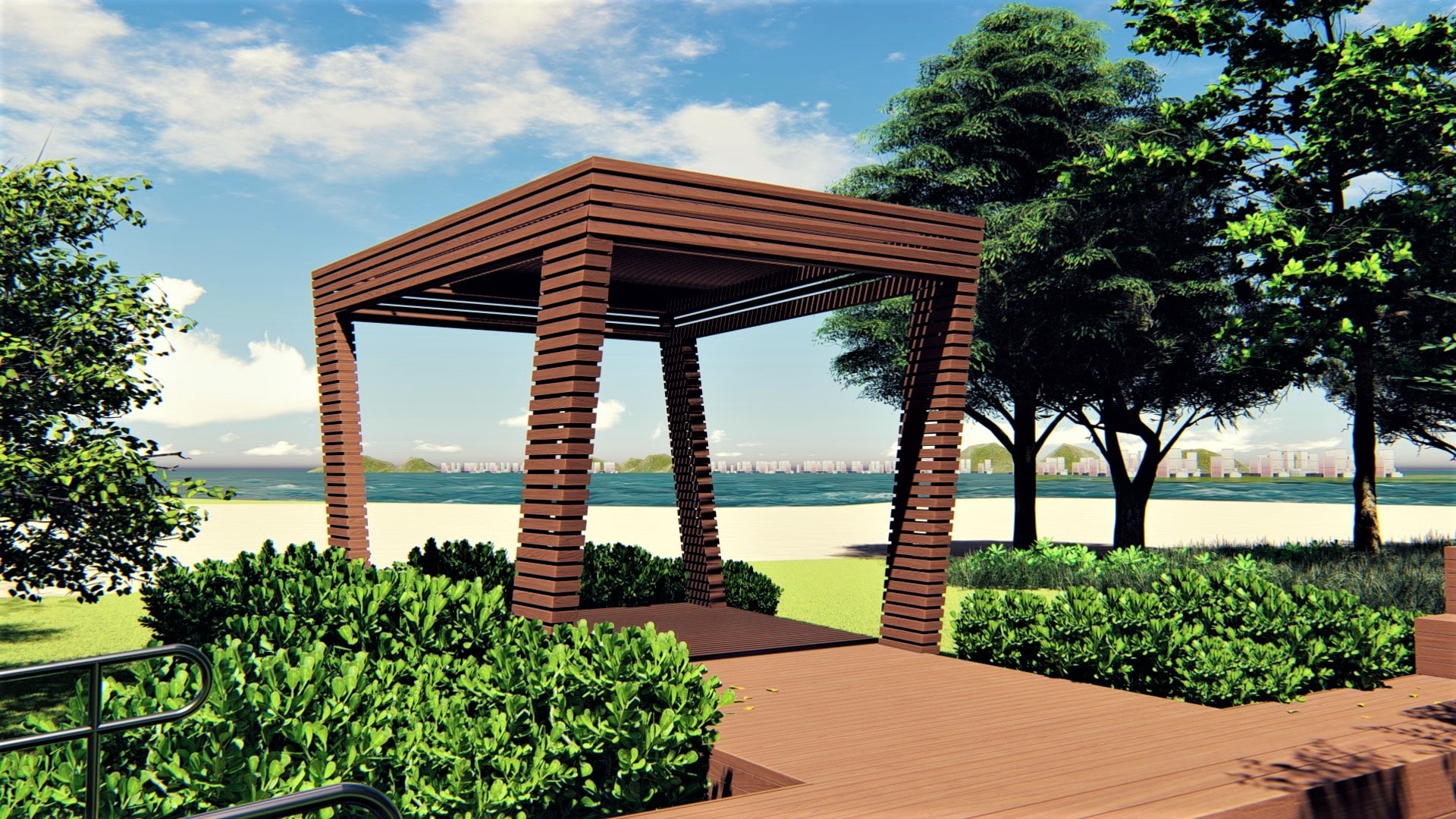 Projeção 3D do mirante do parque. O espaço é arborizado e possui uma estrutura coberta de madeira, aberta nas laterais, com vista para a praia.